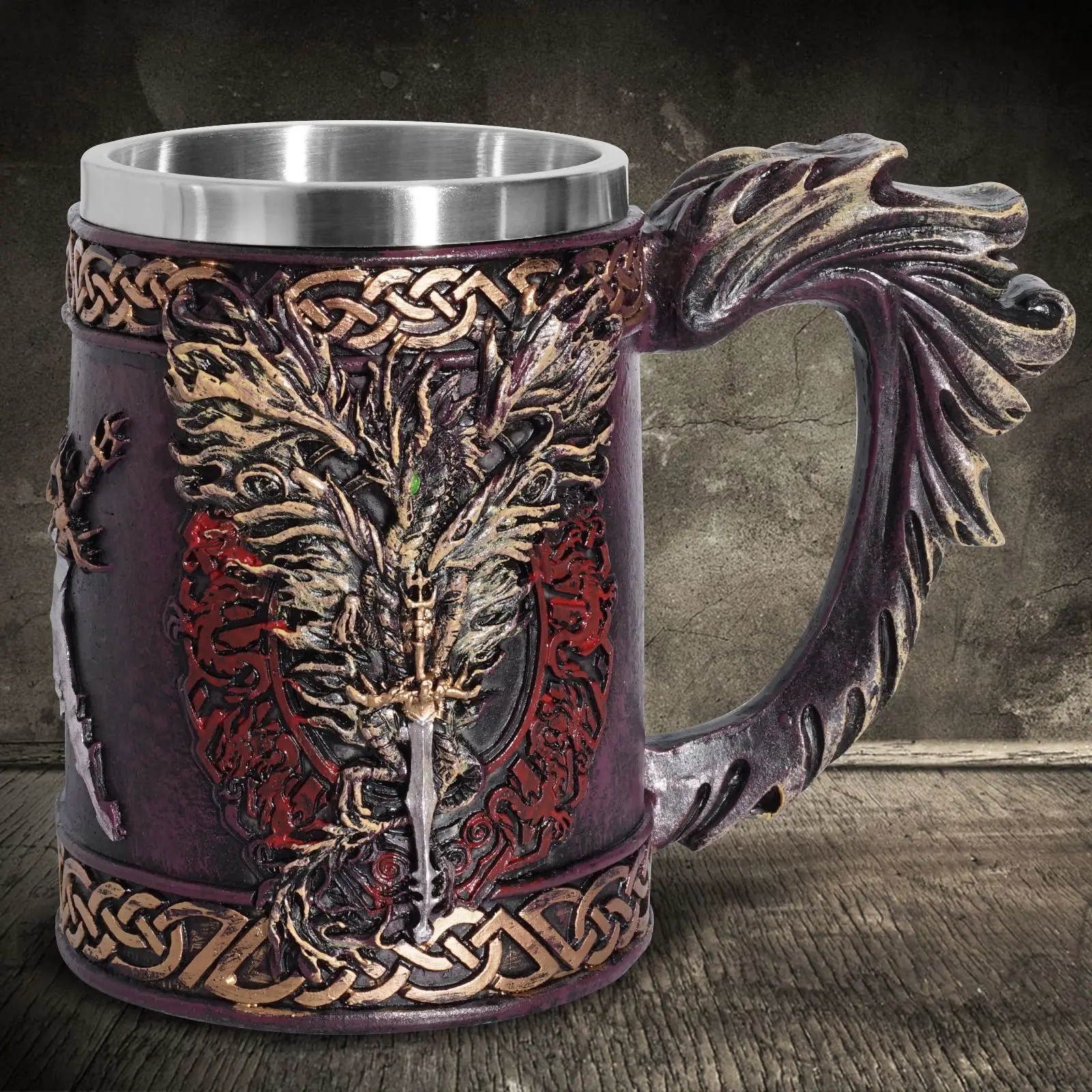 Medieval Runes Beer Mugs Coffee Cups Viking Pirate Dragon Head 3D Resin & Stainless Steel Tankard Christmas Fans Gifts Men