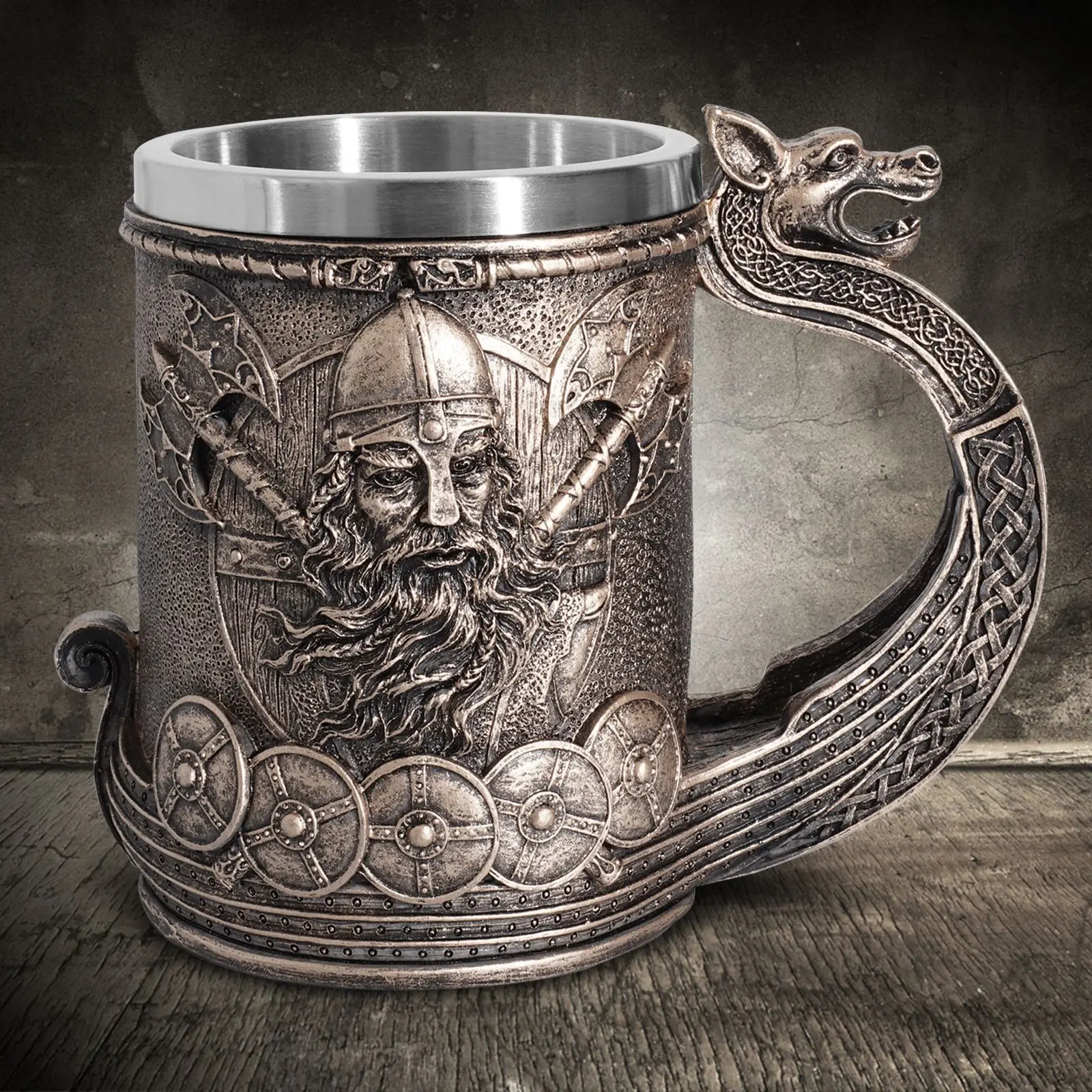 Medieval Runes Beer Mugs Coffee Cups Viking Pirate Dragon Head 3D Resin & Stainless Steel Tankard Christmas Fans Gifts Men