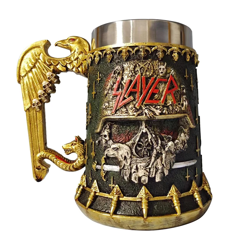 Medieval Runes Beer Mugs Coffee Cups Viking Pirate Dragon Head 3D Resin & Stainless Steel Tankard Christmas Fans Gifts Men