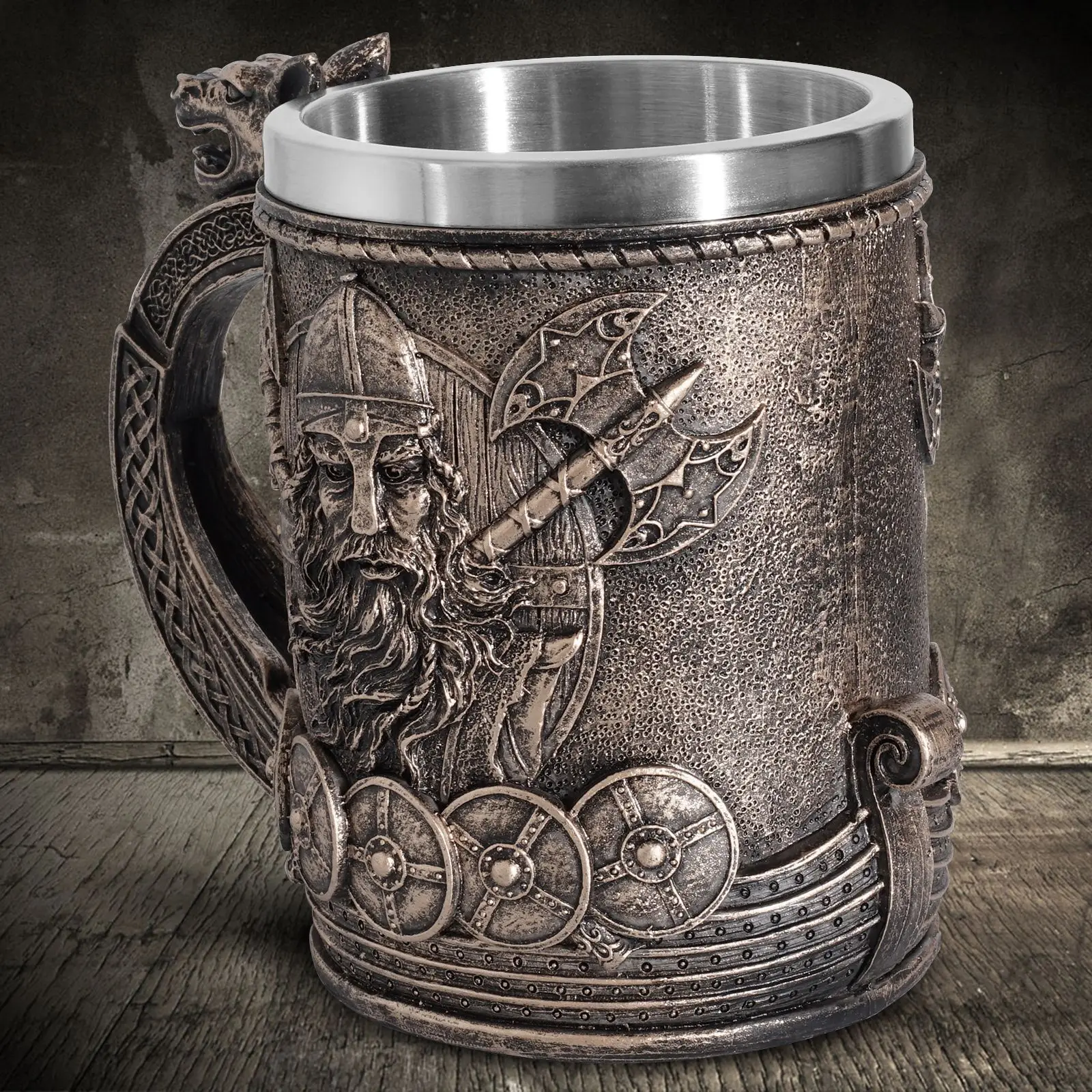 Medieval Runes Beer Mugs Coffee Cups Viking Pirate Dragon Head 3D Resin & Stainless Steel Tankard Christmas Fans Gifts Men