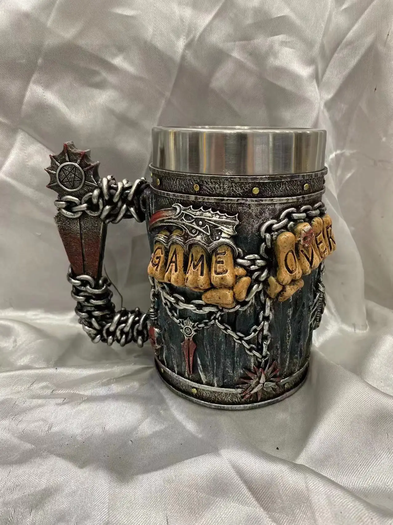 Medieval Runes Beer Mugs Coffee Cups Viking Pirate Dragon Head 3D Resin & Stainless Steel Tankard Christmas Fans Gifts Men