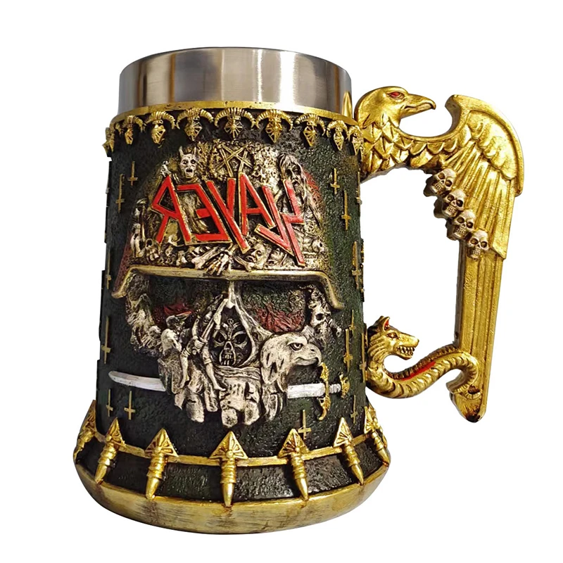 Medieval Runes Beer Mugs Coffee Cups Viking Pirate Dragon Head 3D Resin & Stainless Steel Tankard Christmas Fans Gifts Men