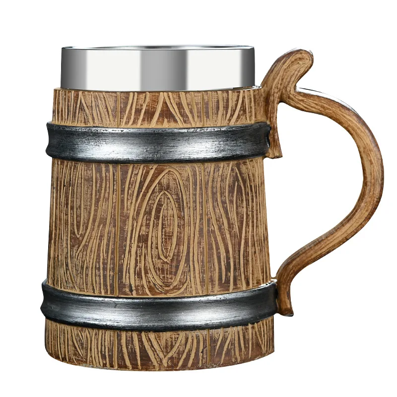 Norse Mythology Beer Mugs World Tree Viking Warrior Oak Barrel Resin Stein Tankard Stainless Steel Water Mug Coffee Cup 600ml