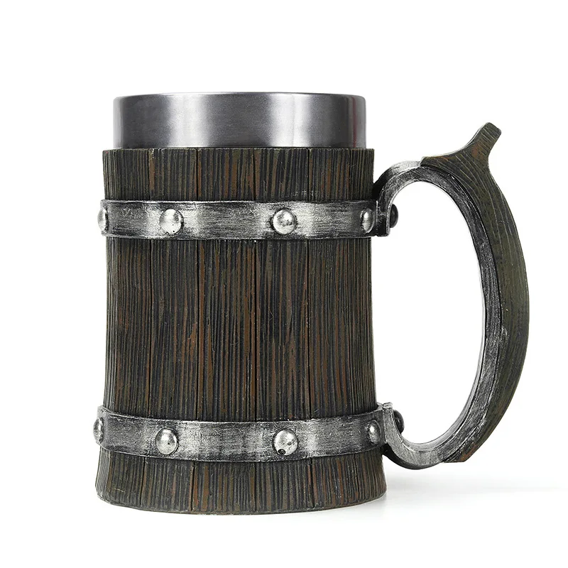 Norse Mythology Beer Mugs World Tree Viking Warrior Oak Barrel Resin Stein Tankard Stainless Steel Water Mug Coffee Cup 600ml