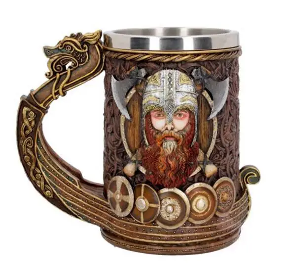 Norse Mythology Beer Mugs World Tree Viking Warrior Oak Barrel Resin Stein Tankard Stainless Steel Water Mug Coffee Cup 600ml
