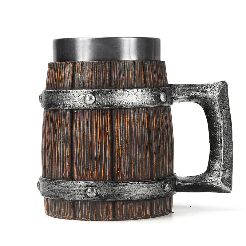 Norse Mythology Beer Mugs World Tree Viking Warrior Oak Barrel Resin Stein Tankard Stainless Steel Water Mug Coffee Cup 600ml