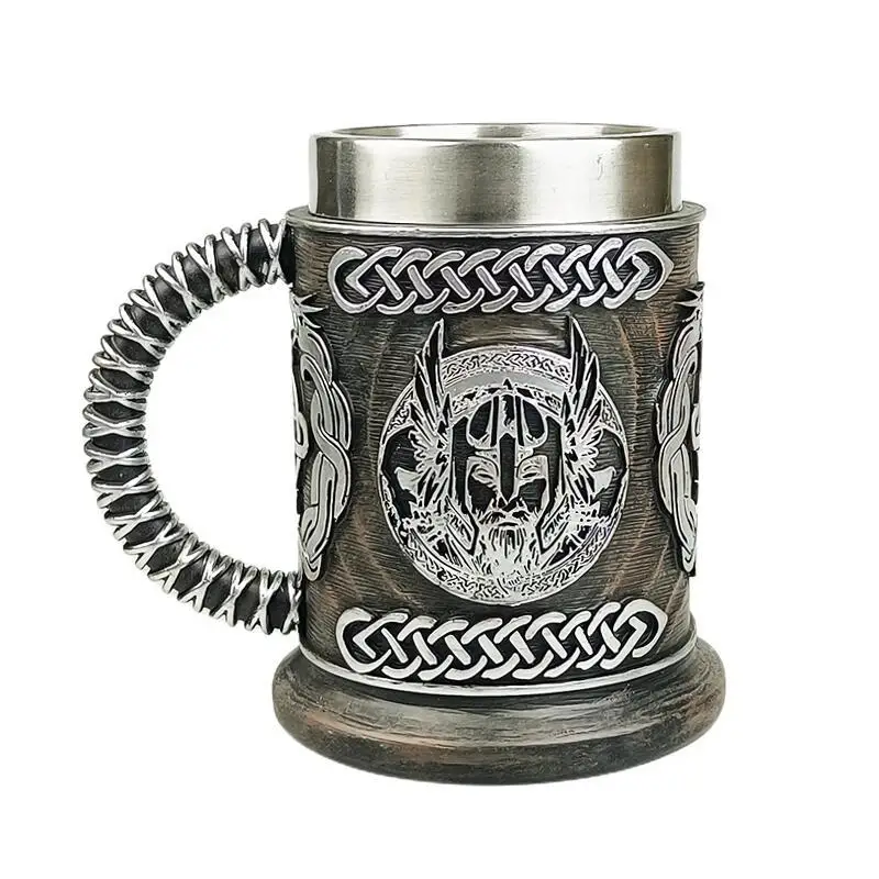 Norse Mythology Beer Mugs World Tree Viking Warrior Oak Barrel Resin Stein Tankard Stainless Steel Water Mug Coffee Cup 600ml