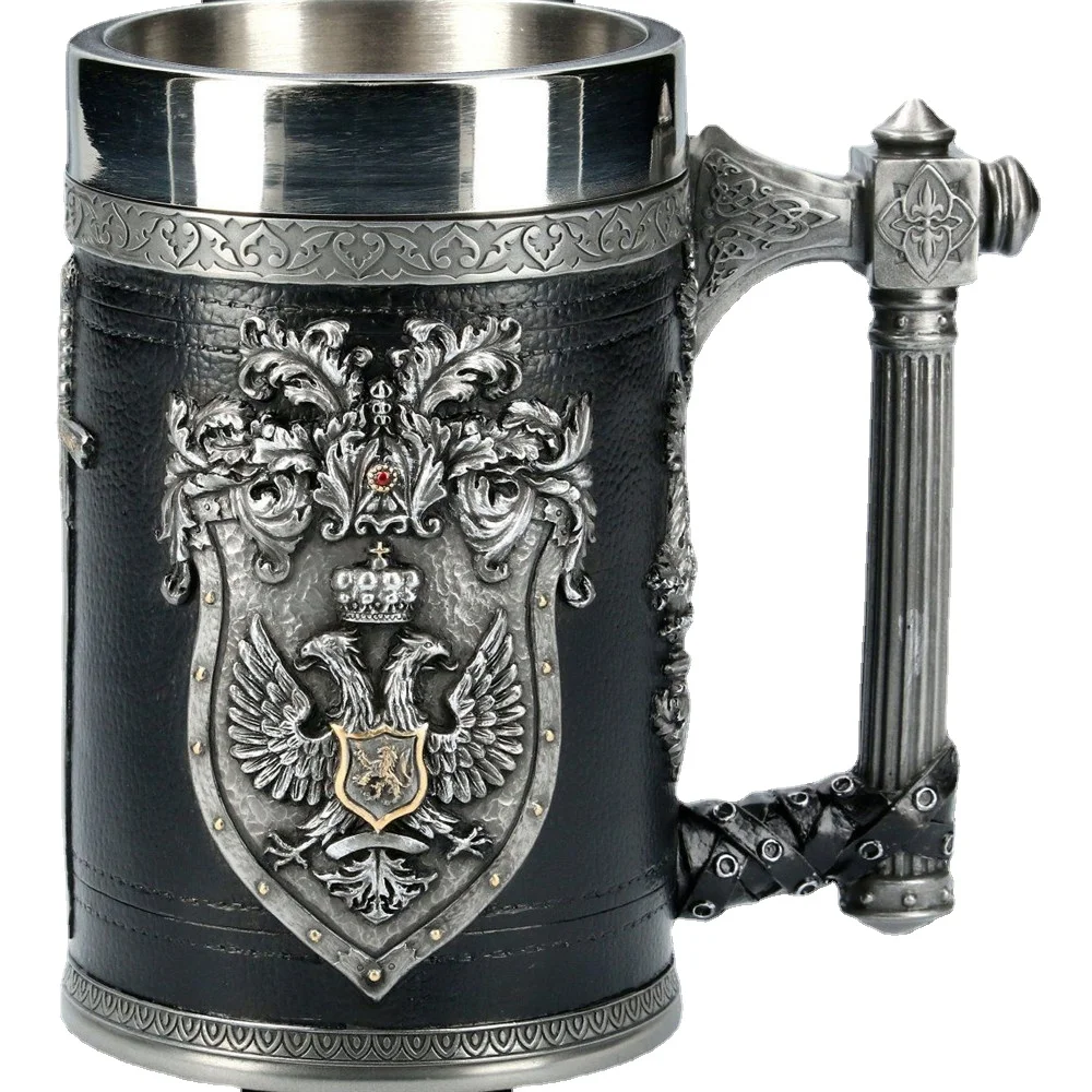 Norse Mythology Beer Mugs World Tree Viking Warrior Oak Barrel Resin Stein Tankard Stainless Steel Water Mug Coffee Cup 600ml