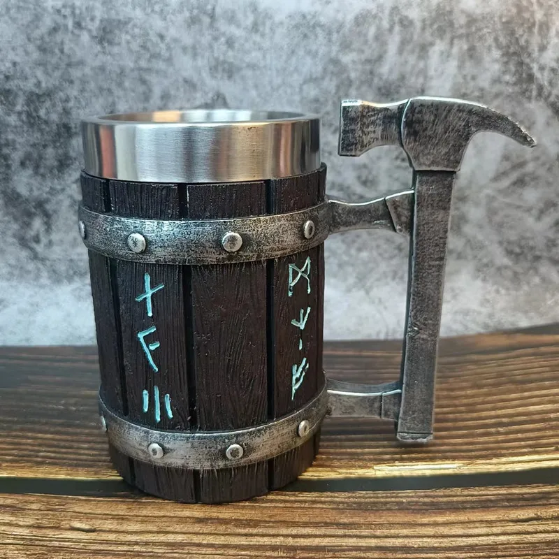 Norse Mythology Beer Mugs World Tree Viking Warrior Oak Barrel Resin Stein Tankard Stainless Steel Water Mug Coffee Cup 600ml