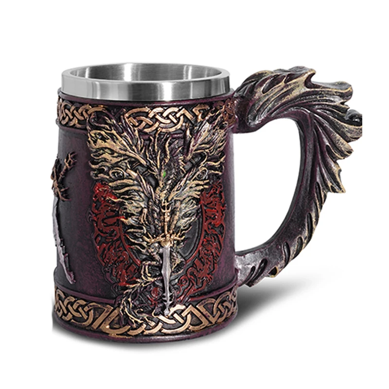 Norse Mythology Beer Mugs World Tree Viking Warrior Oak Barrel Resin Stein Tankard Stainless Steel Water Mug Coffee Cup 600ml