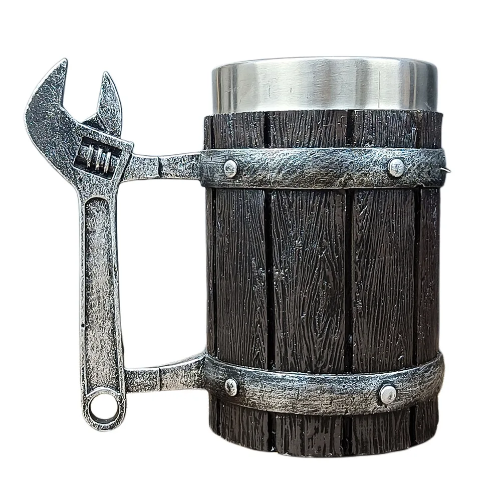 Norse Mythology Beer Mugs World Tree Viking Warrior Oak Barrel Resin Stein Tankard Stainless Steel Water Mug Coffee Cup 600ml