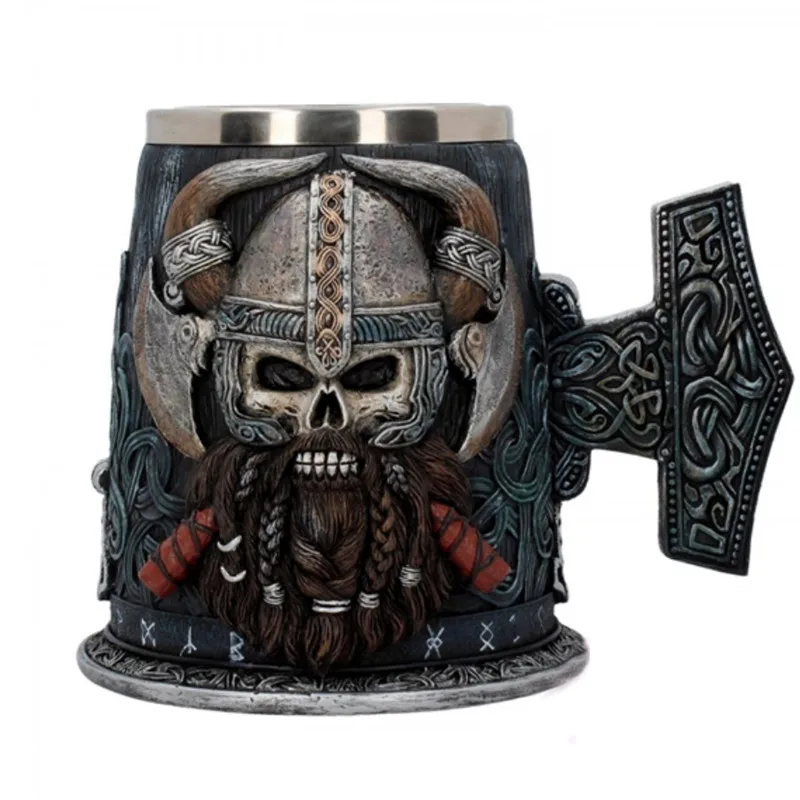 Norse Mythology Beer Mugs World Tree Viking Warrior Oak Barrel Resin Stein Tankard Stainless Steel Water Mug Coffee Cup 600ml