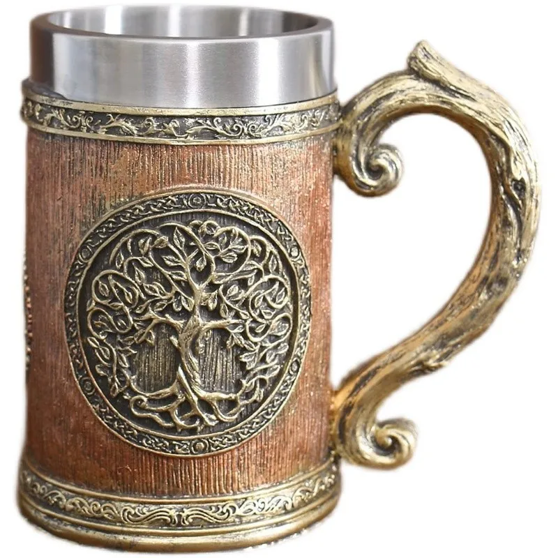 Norse Mythology Beer Mugs World Tree Viking Warrior Oak Barrel Resin Stein Tankard Stainless Steel Water Mug Coffee Cup 600ml