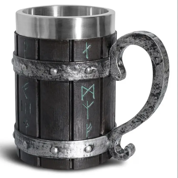 Norse Mythology Beer Mugs World Tree Viking Warrior Oak Barrel Resin Stein Tankard Stainless Steel Water Mug Coffee Cup 600ml