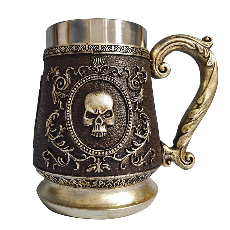Norse Mythology Beer Mugs World Tree Viking Warrior Oak Barrel Resin Stein Tankard Stainless Steel Water Mug Coffee Cup 600ml