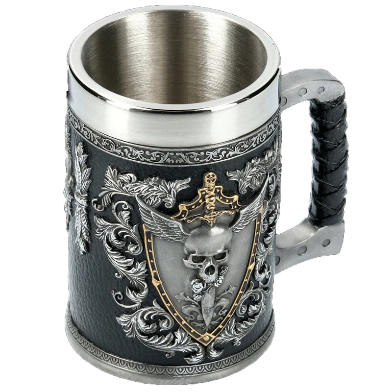 Medieval Viking Retro 3D Sword Skull Beer Mug With Stainless Steel Insert Resin Big Capacity Coffee Cups Men's Halloween Gift
