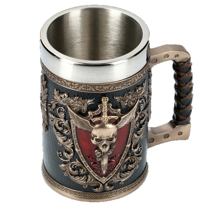 Medieval Viking Retro 3D Sword Skull Beer Mug With Stainless Steel Insert Resin Big Capacity Coffee Cups Men's Halloween Gift
