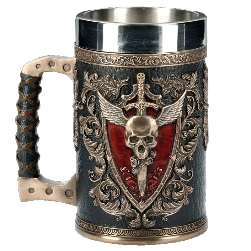 Medieval Viking Retro 3D Sword Skull Beer Mug With Stainless Steel Insert Resin Big Capacity Coffee Cups Men's Halloween Gift