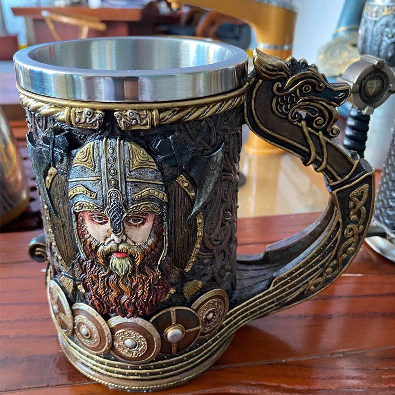 Vintage Viking Mug with Stainless Steel Liner 3D Resin Nordic God Odin Coffee Beer Mugs Pirate Cup Halloween Birthday Gift 600ml