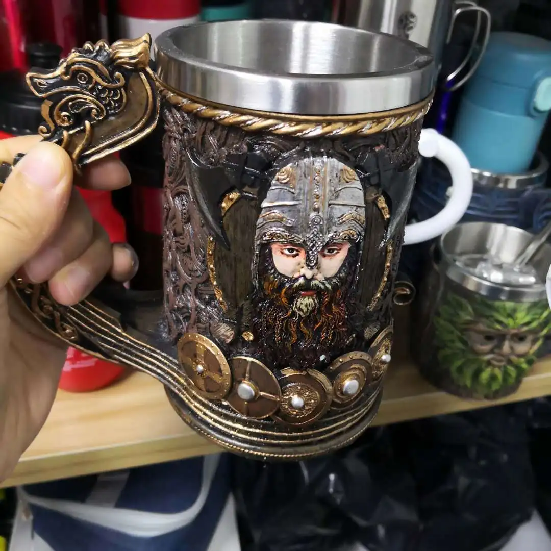 Vintage Viking Mug with Stainless Steel Liner 3D Resin Nordic God Odin Coffee Beer Mugs Pirate Cup Halloween Birthday Gift 600ml