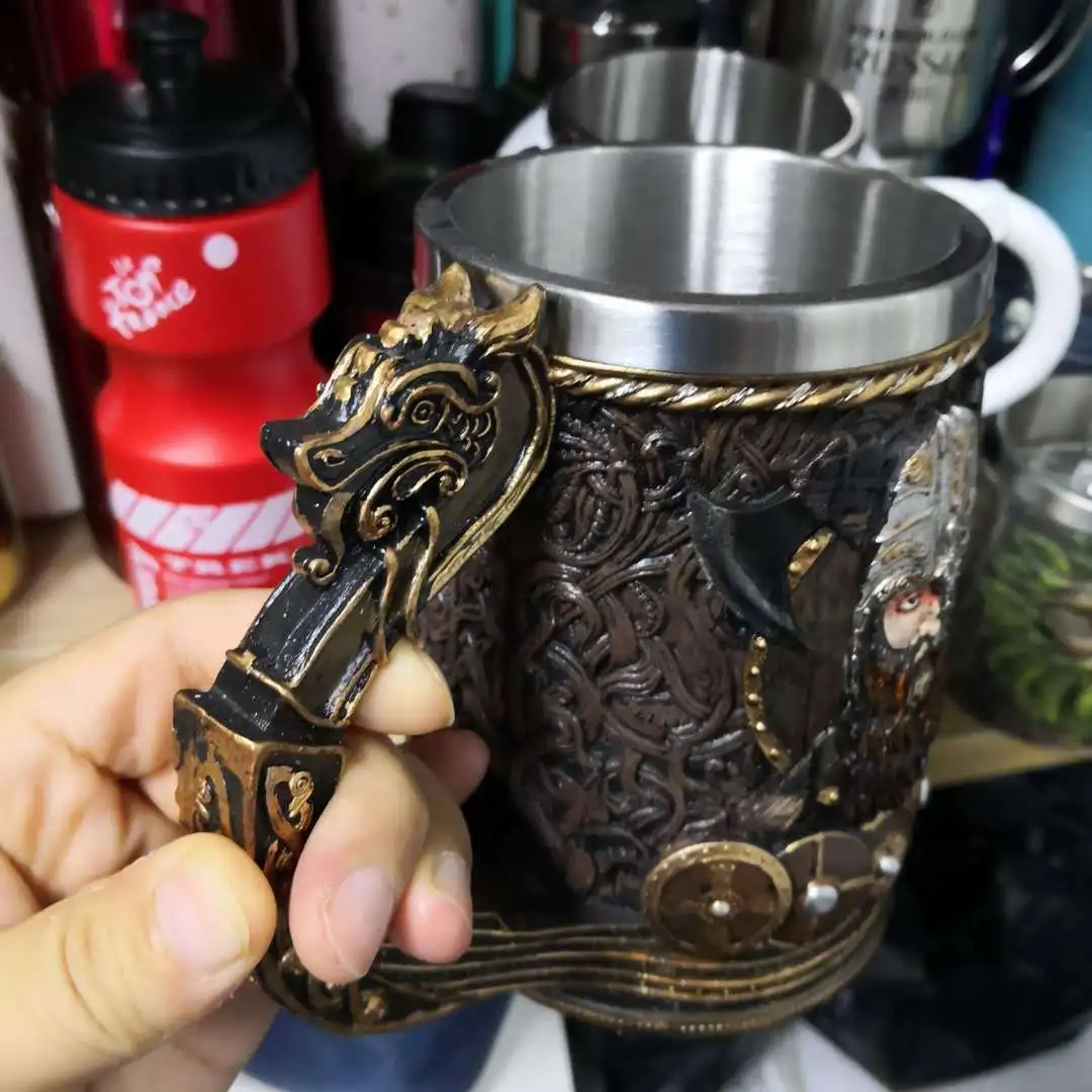 Vintage Viking Mug with Stainless Steel Liner 3D Resin Nordic God Odin Coffee Beer Mugs Pirate Cup Halloween Birthday Gift 600ml