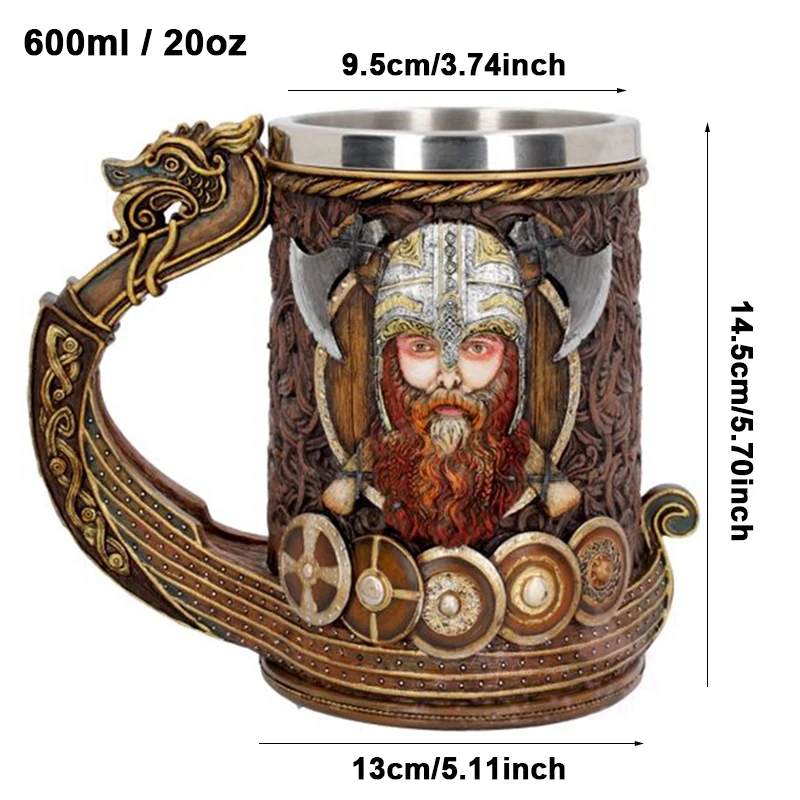 Vintage Viking Mug with Stainless Steel Liner 3D Resin Nordic God Odin Coffee Beer Mugs Pirate Cup Halloween Birthday Gift 600ml