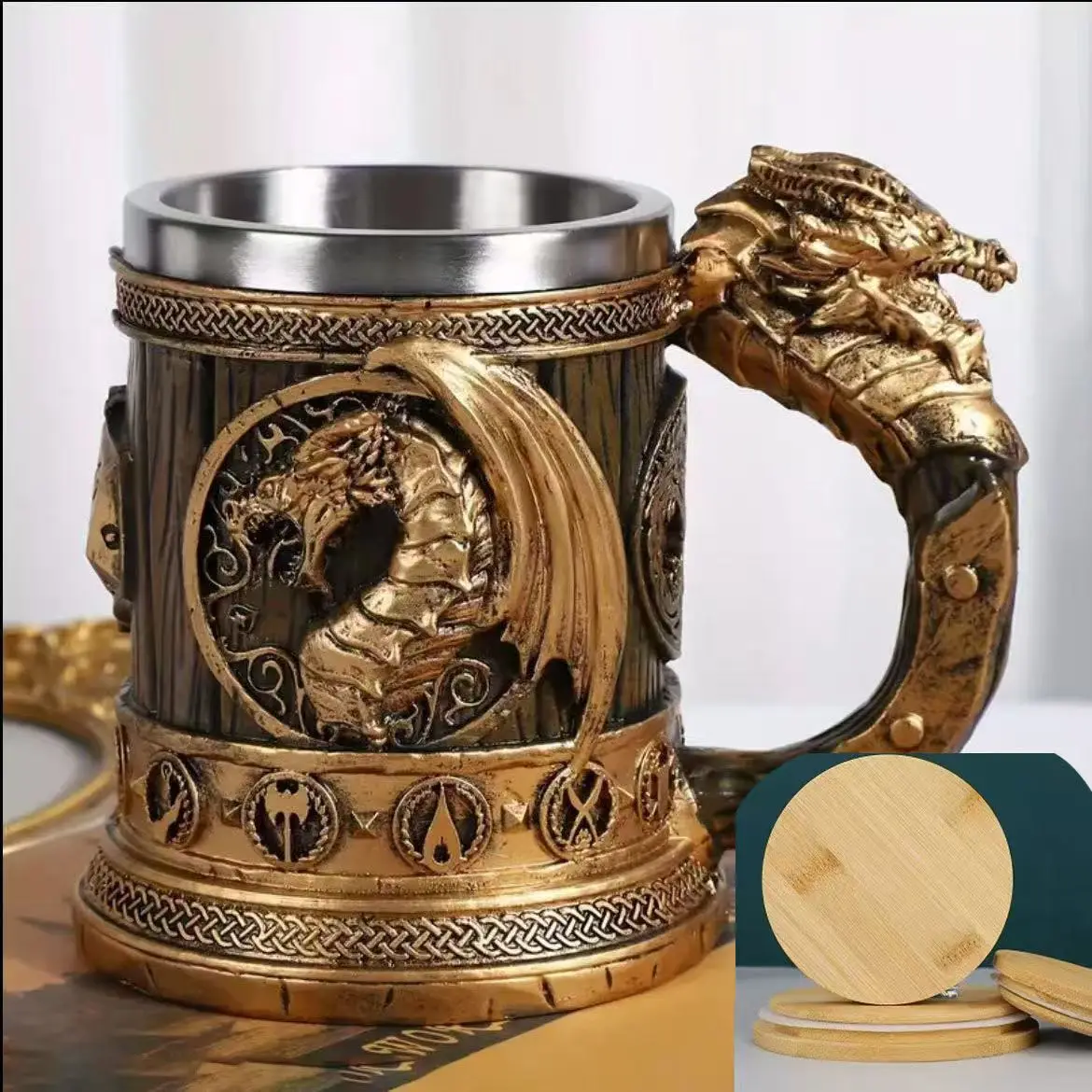 Stainless Steel Home Beer Cup Relief Water Cup 3D Retro Personality Punk Dragon Head Mug Home Decoration Gift