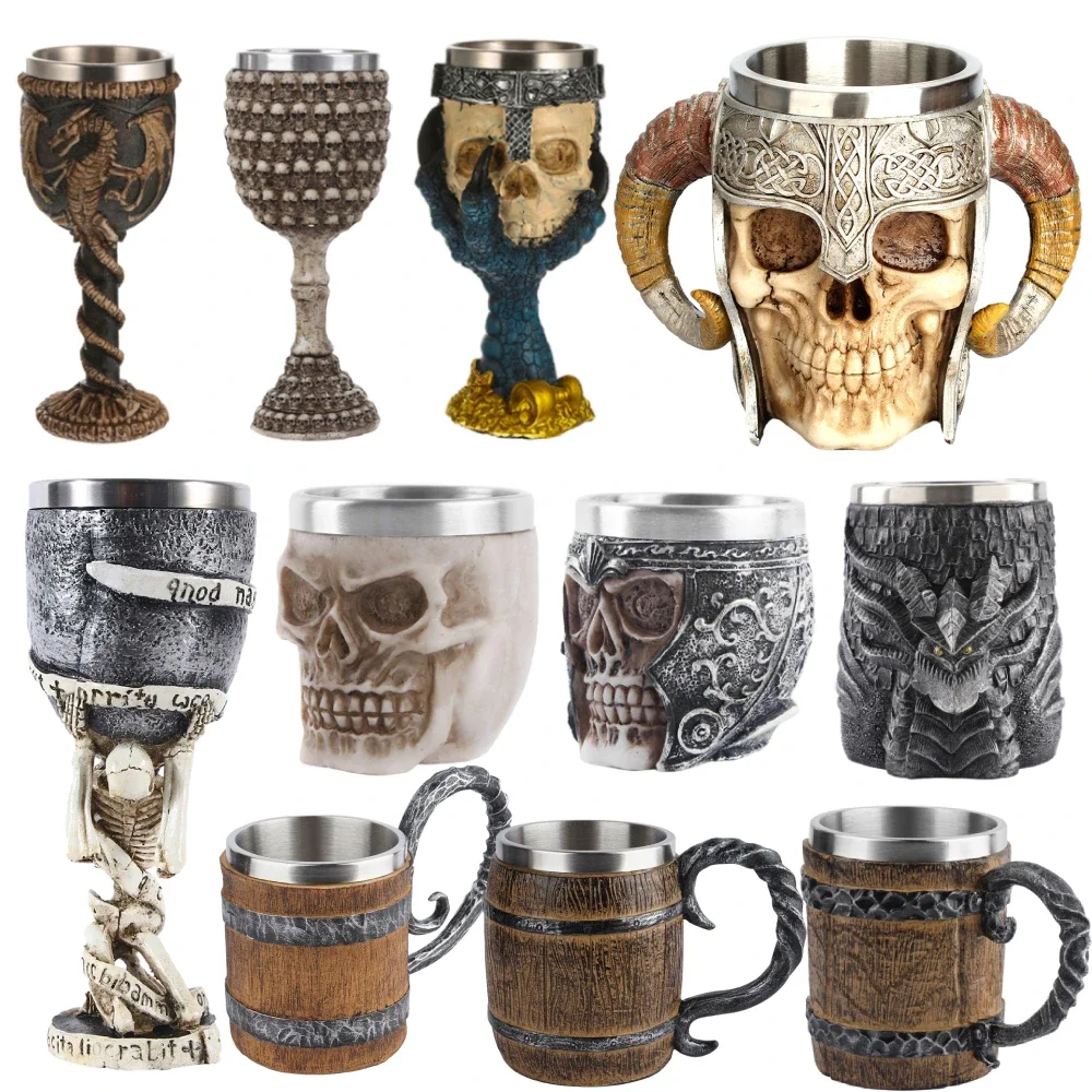 Stainless Steel Skull Mug Beer Coffee Mug Viking Drinking Cup Skeleton Resin Beer Mug Halloween Gift Decoration Ornament