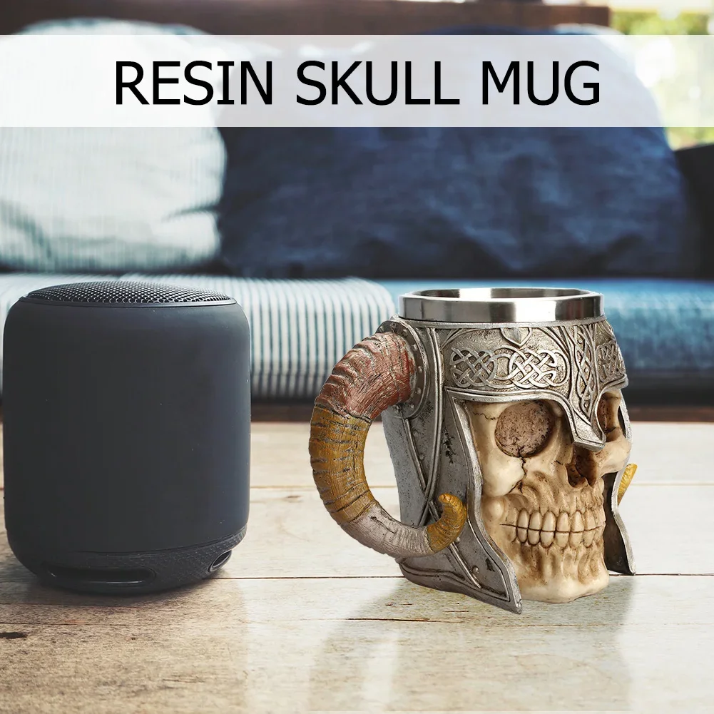 Stainless Steel Skull Mug Beer Coffee Mug Viking Drinking Cup Skeleton Resin Beer Mug Halloween Gift Decoration Ornament