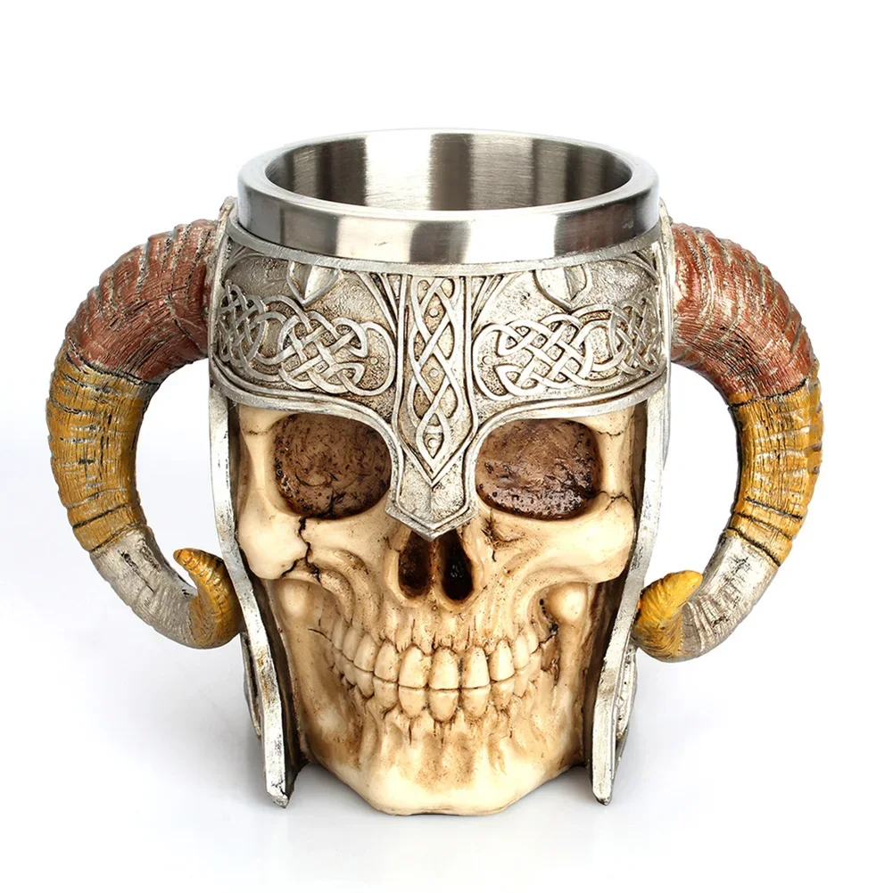 Stainless Steel Skull Mug Beer Coffee Mug Viking Drinking Cup Skeleton Resin Beer Mug Halloween Gift Decoration Ornament