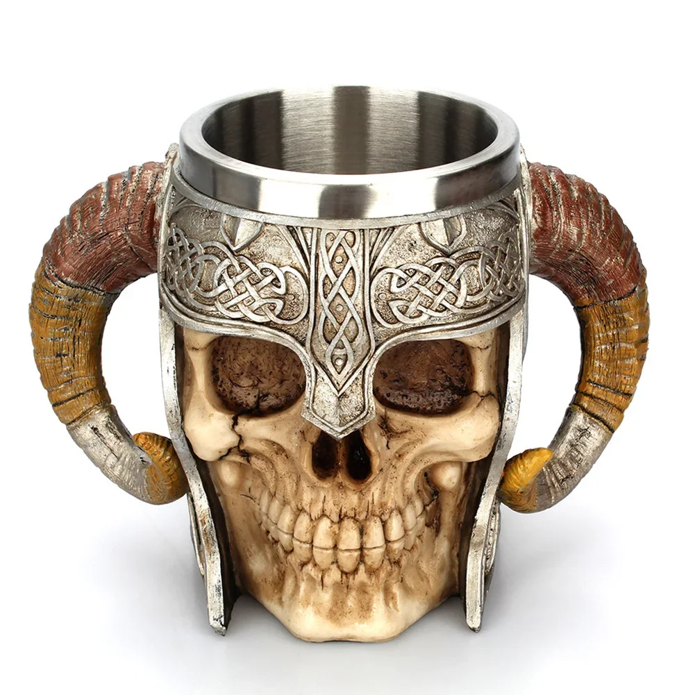 Stainless Steel Skull Mug Beer Coffee Mug Viking Drinking Cup Skeleton Resin Beer Mug Halloween Gift Decoration Ornament