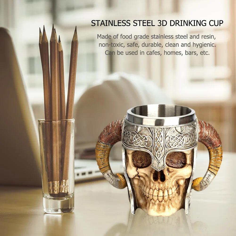 Stainless Steel Skull Mug Beer Coffee Mug Viking Drinking Cup Skeleton Resin Beer Mug Halloween Gift Decoration Ornament