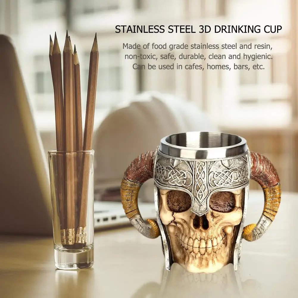 Stainless Steel Skull Mug Beer Coffee Mug Viking Drinking Cup Skeleton Resin Beer Mug Halloween Gift Decoration Ornament