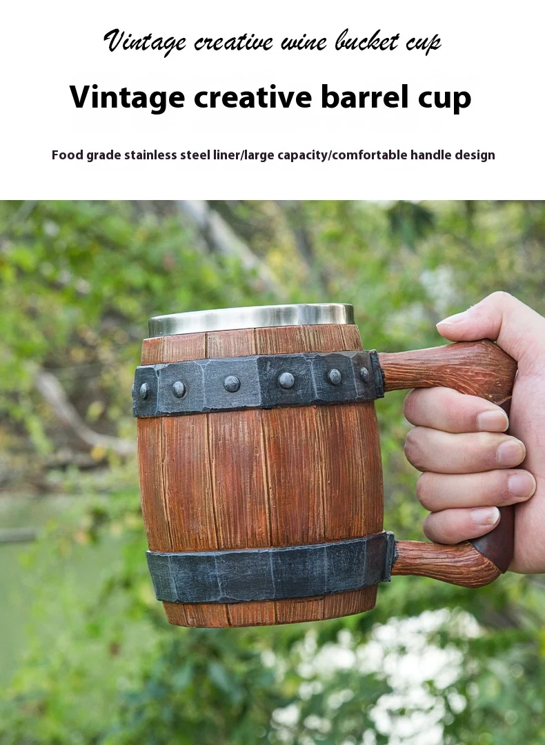 New Wooden Barrel Beer Cup Creative Large Capacity Bar Mug Water Cup Personalized Imitation Wood Stainless Steel Cup