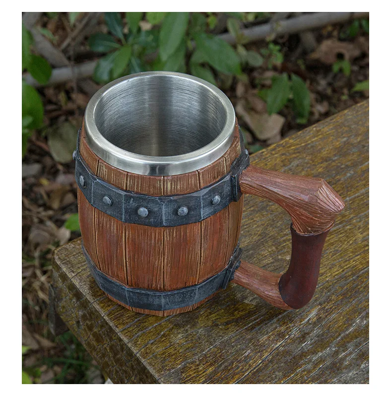 New Wooden Barrel Beer Cup Creative Large Capacity Bar Mug Water Cup Personalized Imitation Wood Stainless Steel Cup