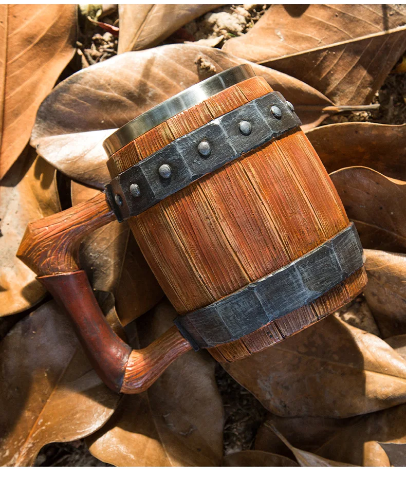 New Wooden Barrel Beer Cup Creative Large Capacity Bar Mug Water Cup Personalized Imitation Wood Stainless Steel Cup