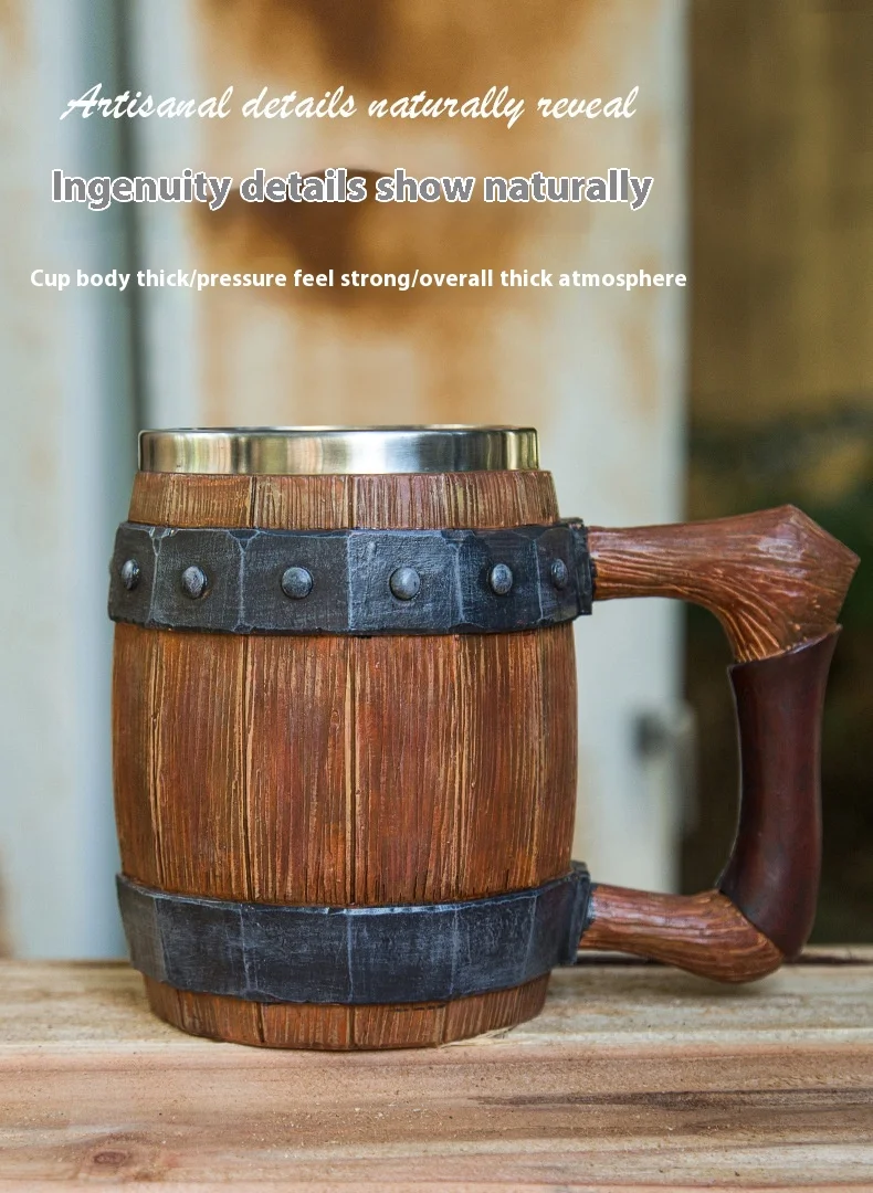 New Wooden Barrel Beer Cup Creative Large Capacity Bar Mug Water Cup Personalized Imitation Wood Stainless Steel Cup