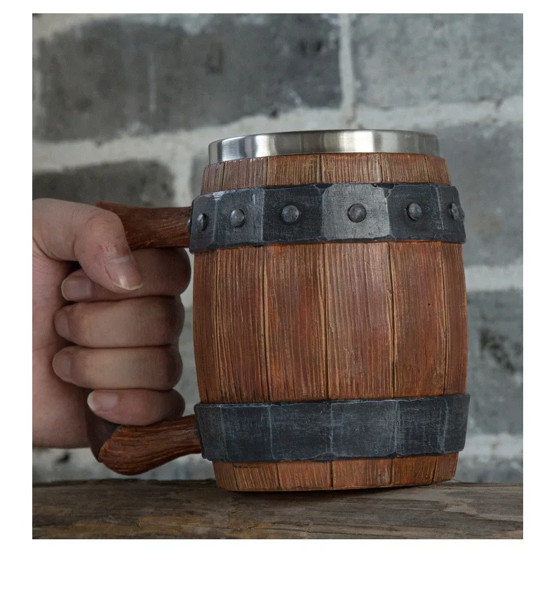 New Wooden Barrel Beer Cup Creative Large Capacity Bar Mug Water Cup Personalized Imitation Wood Stainless Steel Cup