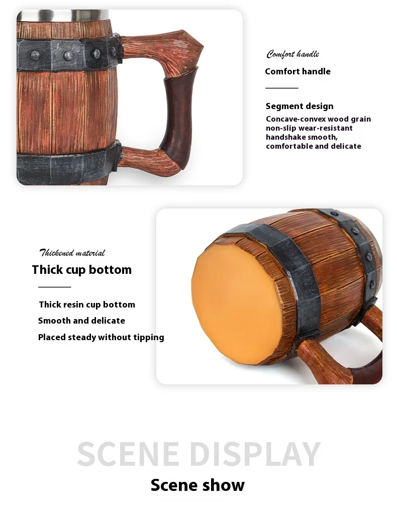 New Wooden Barrel Beer Cup Creative Large Capacity Bar Mug Water Cup Personalized Imitation Wood Stainless Steel Cup