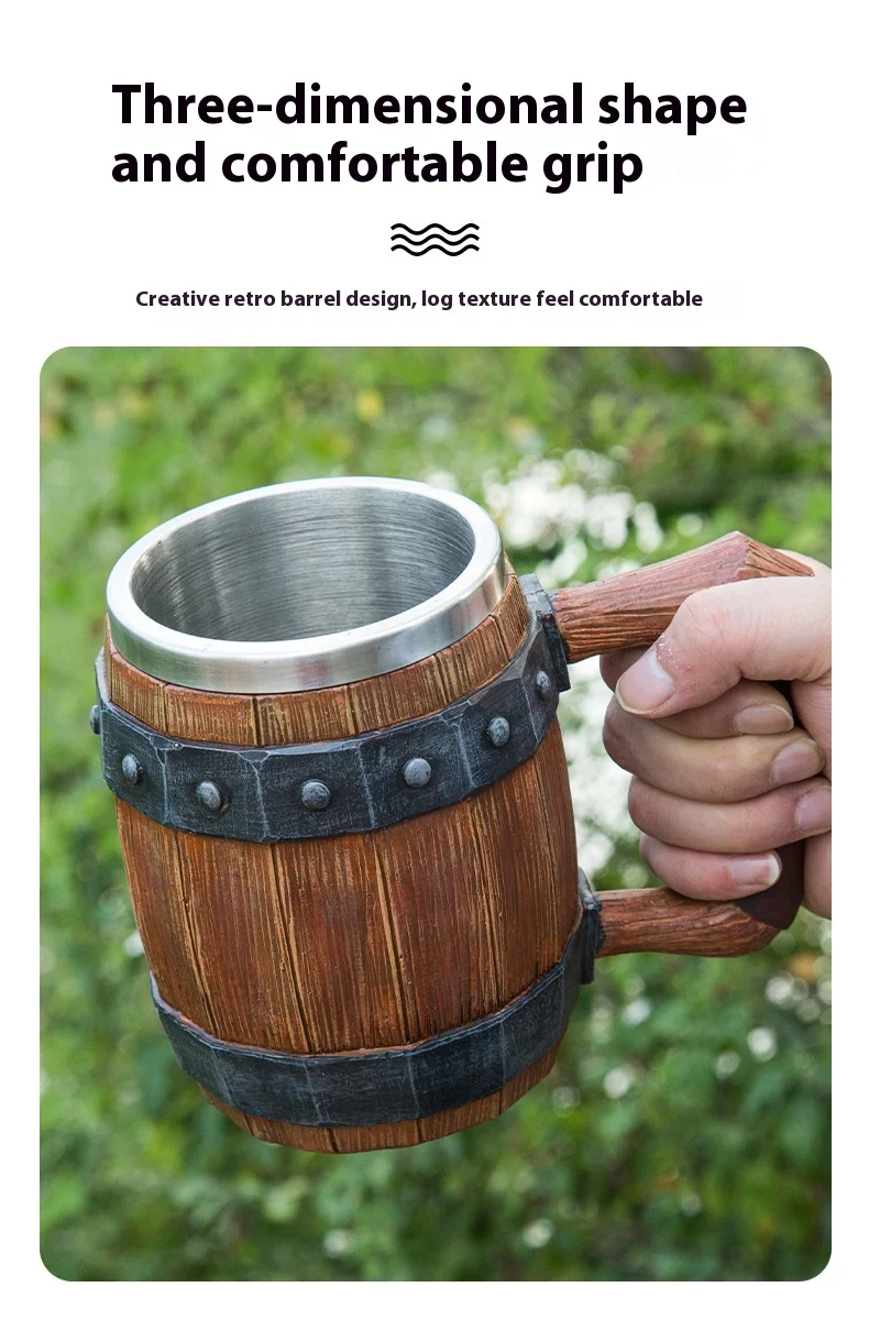 New Wooden Barrel Beer Cup Creative Large Capacity Bar Mug Water Cup Personalized Imitation Wood Stainless Steel Cup