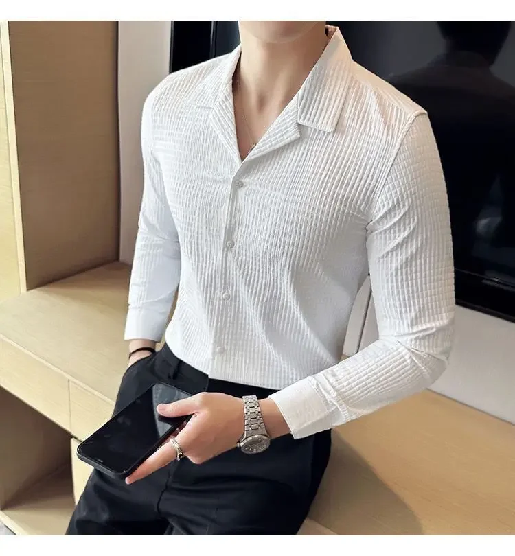 Diamond-shaped Thick Long-sleeved Shirt Men's Korean Style Fashion Handsome and Handsome Outside Suit Collar Shirt
