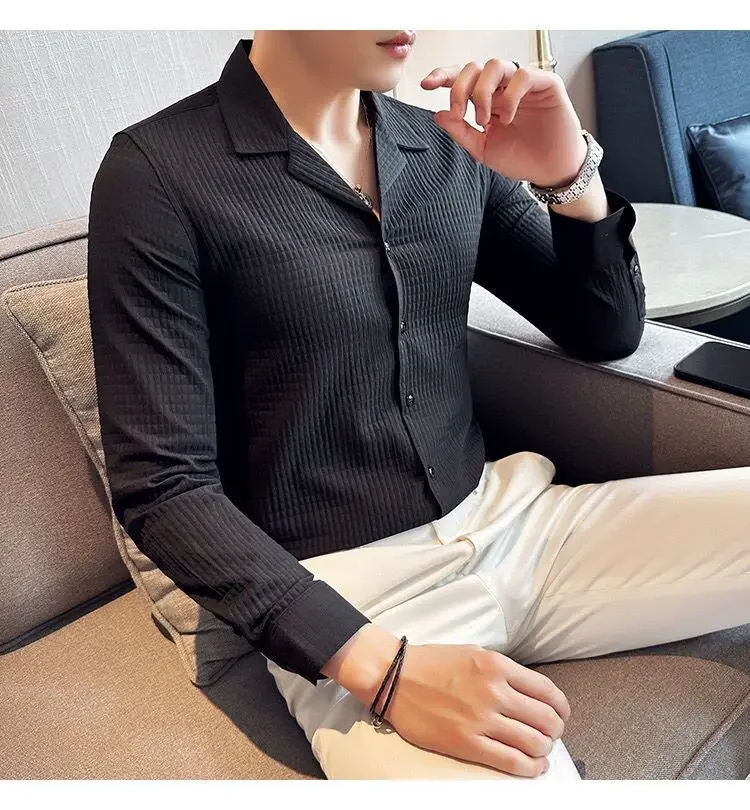 Diamond-shaped Thick Long-sleeved Shirt Men's Korean Style Fashion Handsome and Handsome Outside Suit Collar Shirt