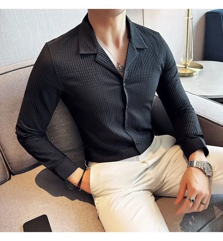 Diamond-shaped Thick Long-sleeved Shirt Men's Korean Style Fashion Handsome and Handsome Outside Suit Collar Shirt
