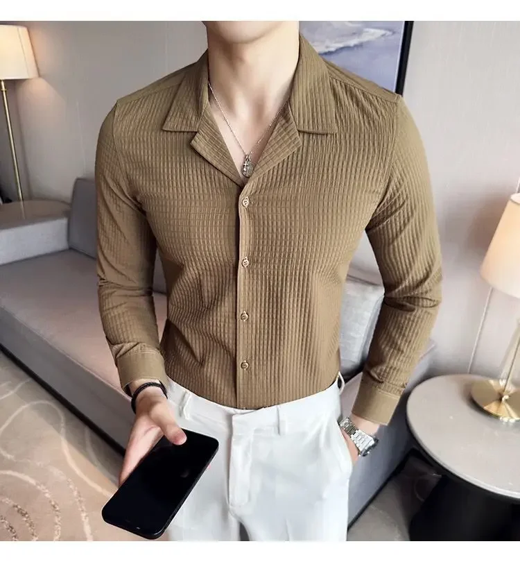 Diamond-shaped Thick Long-sleeved Shirt Men's Korean Style Fashion Handsome and Handsome Outside Suit Collar Shirt