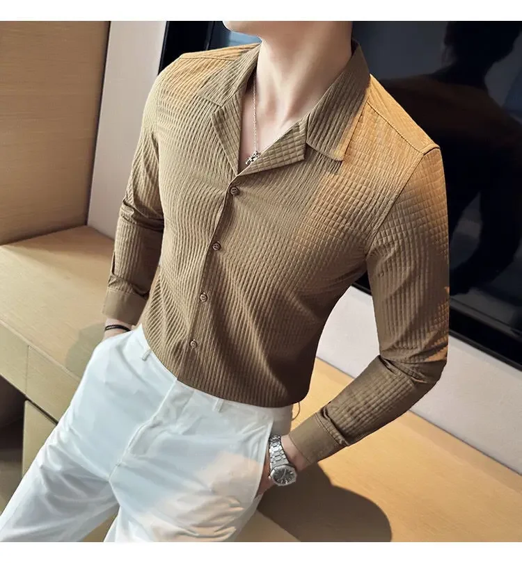 Diamond-shaped Thick Long-sleeved Shirt Men's Korean Style Fashion Handsome and Handsome Outside Suit Collar Shirt
