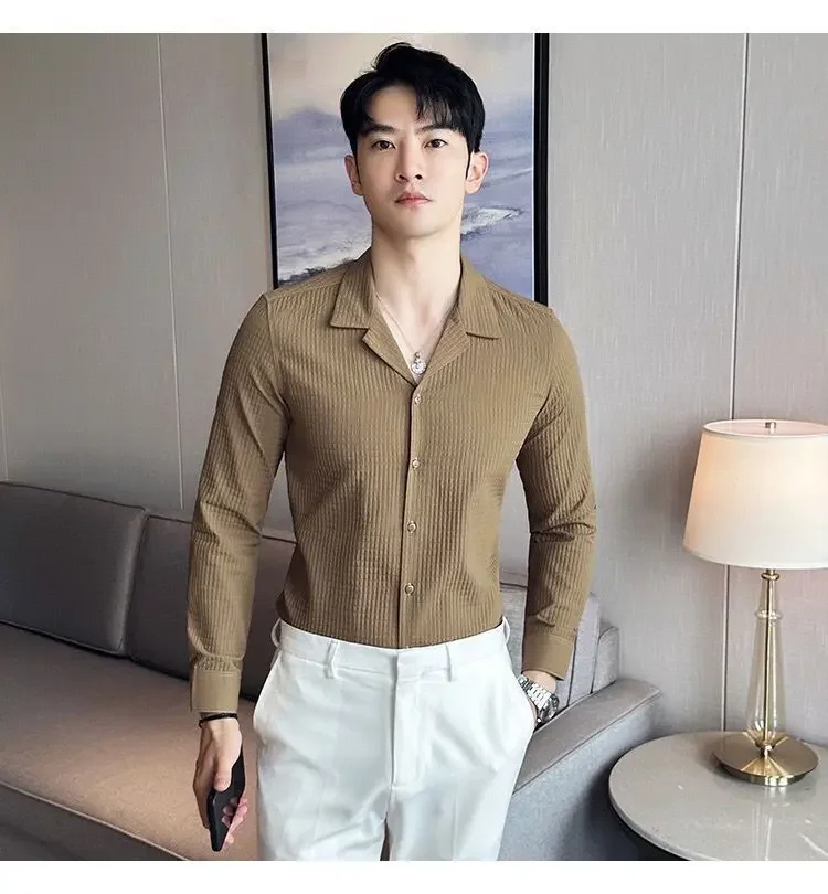 Diamond-shaped Thick Long-sleeved Shirt Men's Korean Style Fashion Handsome and Handsome Outside Suit Collar Shirt