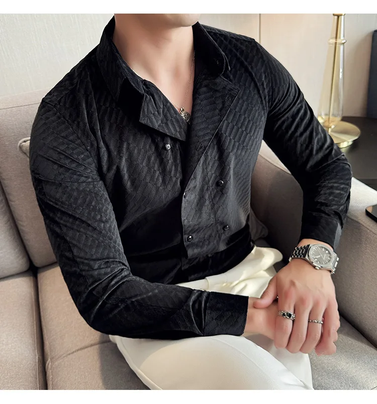 British Style Double Breasted Shirts Men High Quality Velvet Casual Business Shirt Slim Long Sleeve Versatile Social Streetwear
