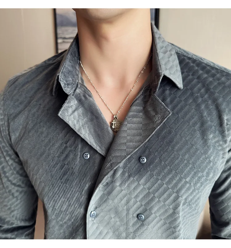 British Style Double Breasted Shirts Men High Quality Velvet Casual Business Shirt Slim Long Sleeve Versatile Social Streetwear