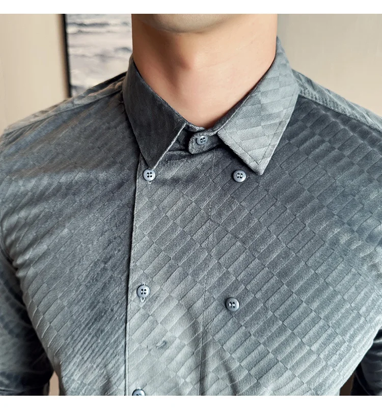 British Style Double Breasted Shirts Men High Quality Velvet Casual Business Shirt Slim Long Sleeve Versatile Social Streetwear