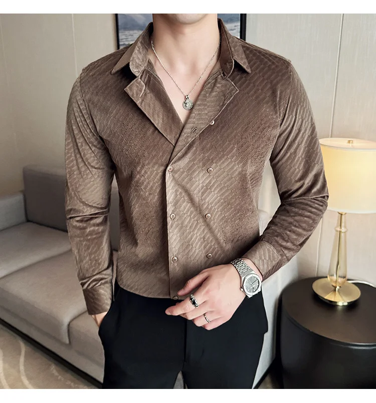 British Style Double Breasted Shirts Men High Quality Velvet Casual Business Shirt Slim Long Sleeve Versatile Social Streetwear